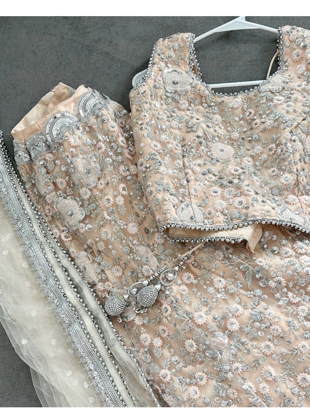 3pc Sequin & Heavy Embroidery Peach Silver Lehenga Set with Dupatta